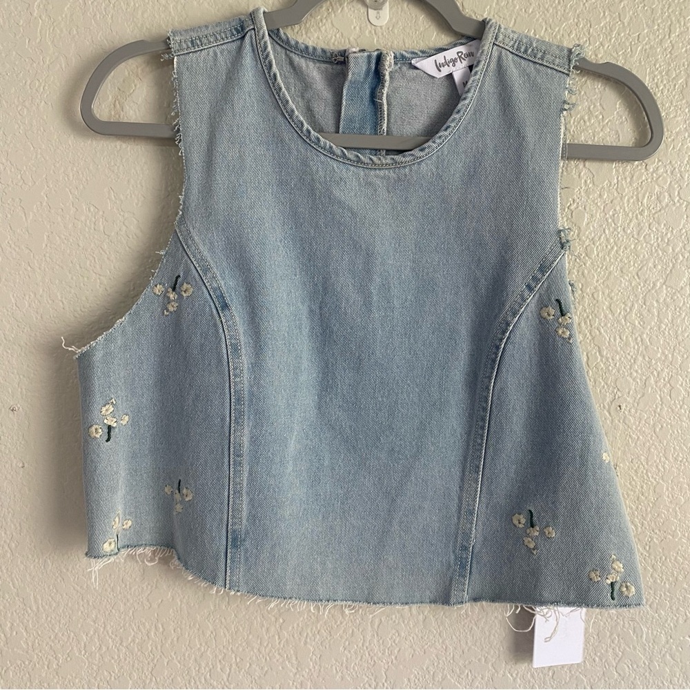 Indigo Rein Crop Denim Embroidery Top